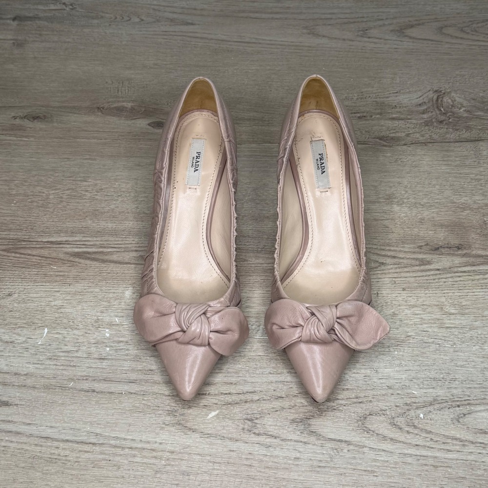 Prada Ruched Bow Pointed Toe Kitten Heel Pumps 37.5